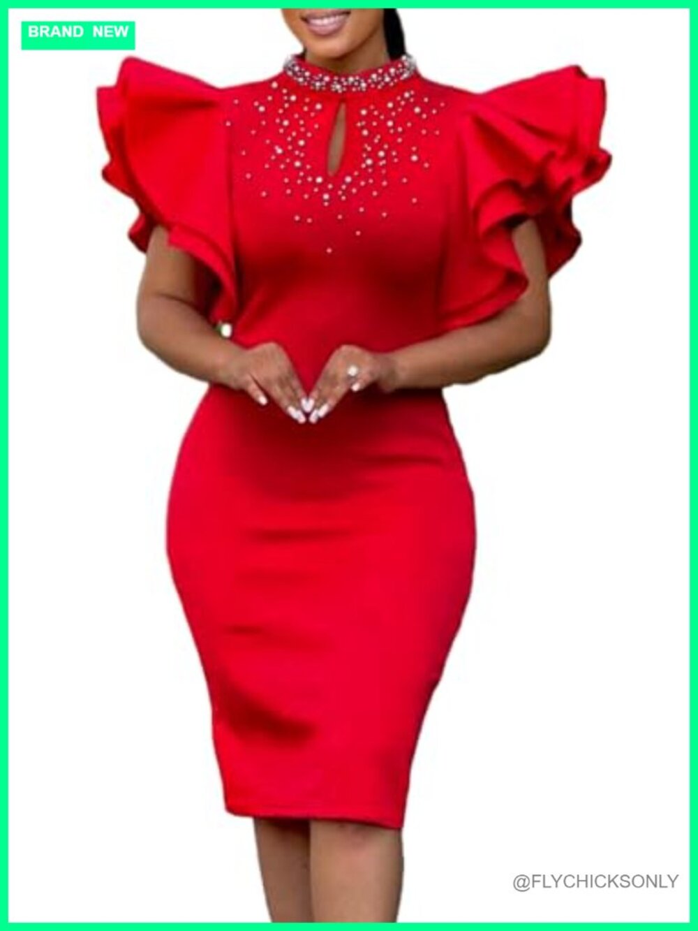 Ruffle Sleeve Mock Neck Bodycon Midi Dress Beaded Pearl Detail